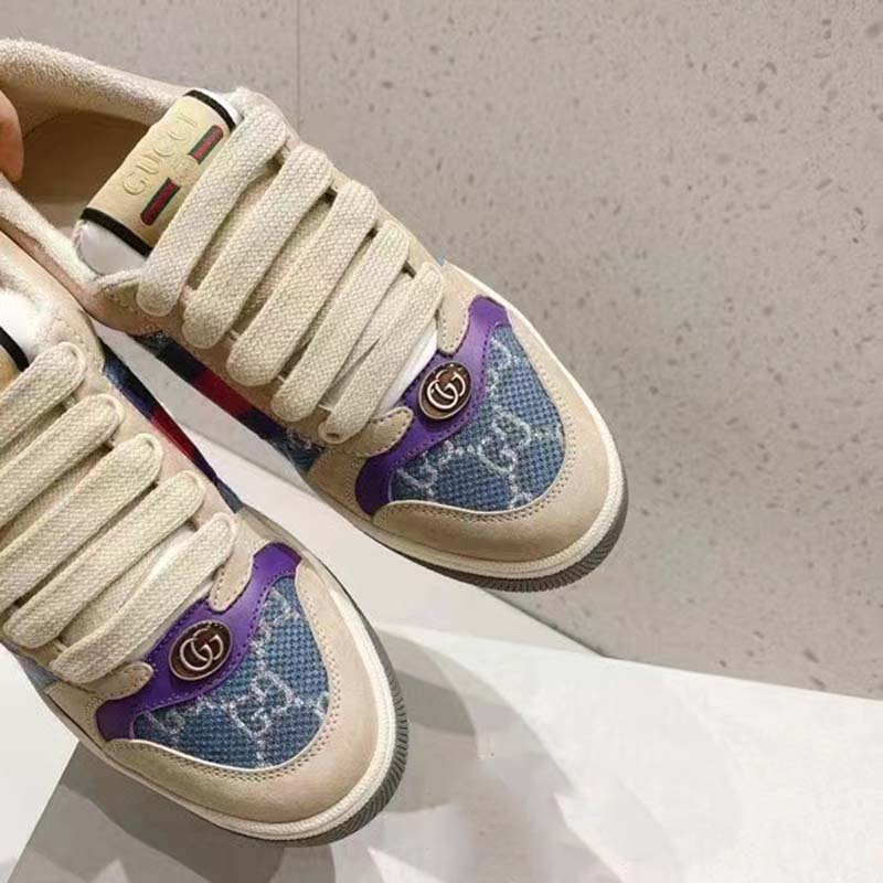 Gucci Unisex Screener Sneaker Purple Red Web Cream Scrap Less Leather
