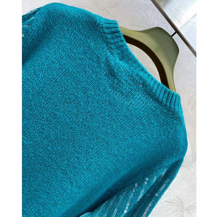 Gucci Women GG Mohair Silk Cardigan Teal Blend Sequin Embroidery Crewneck Long Sleeves