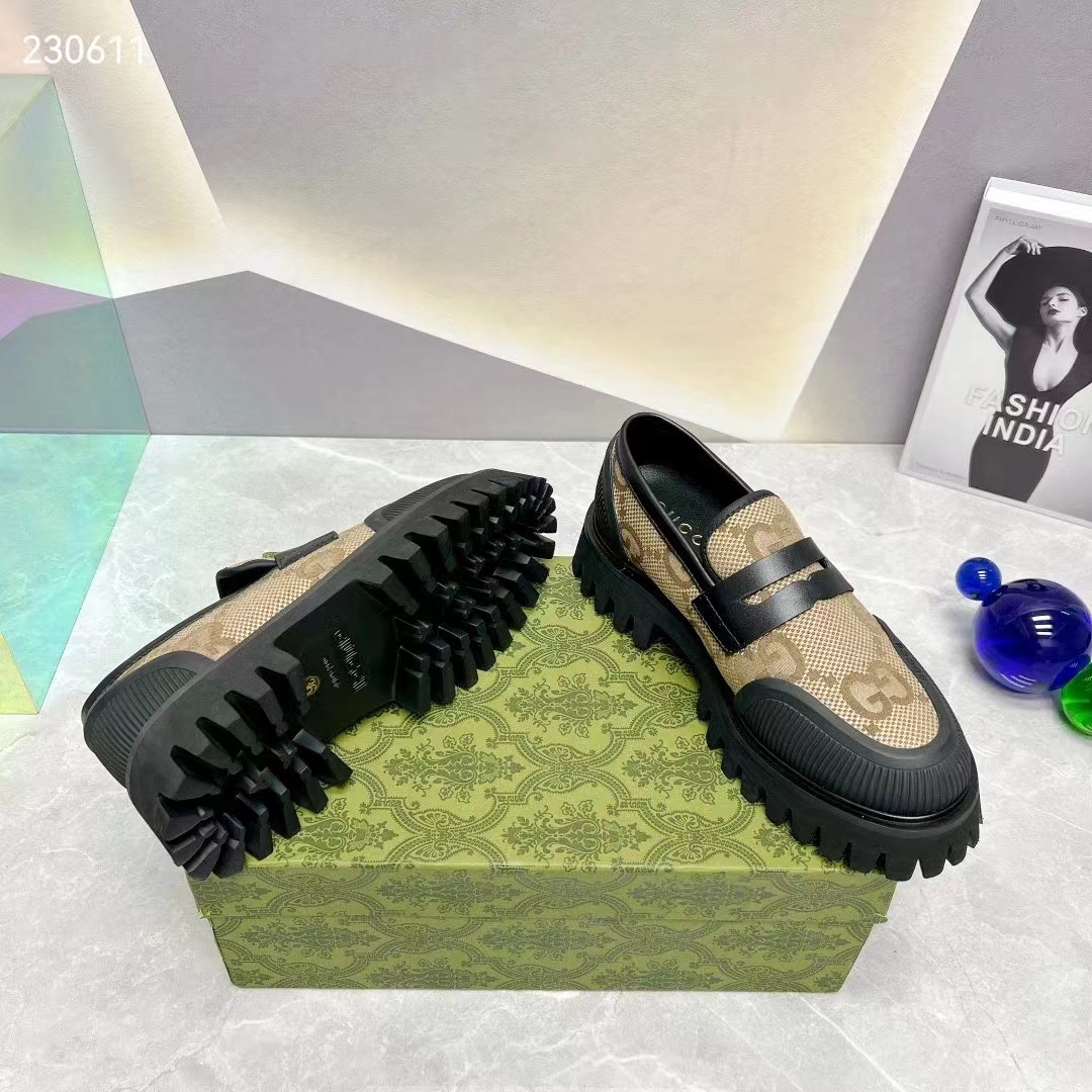 Gucci GG Unisex Maxi GG Loafer Camel Ebony Canvas Rubber EVA Sole Low-Heel