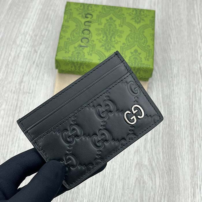 Gucci Unisex GG Gucci Signature Card Case Black Leather Metal Four Card Slots
