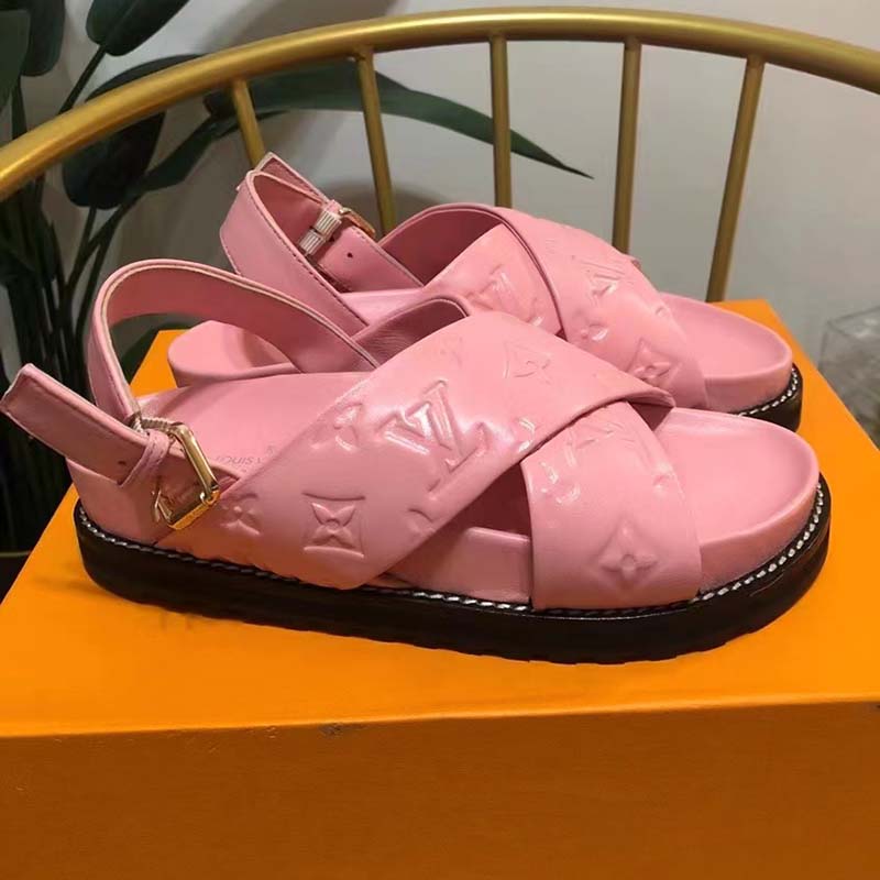 Louis Vuitton LV Women Paseo Flat Comfort Sandal Pink Monogram Embossed Lambskin