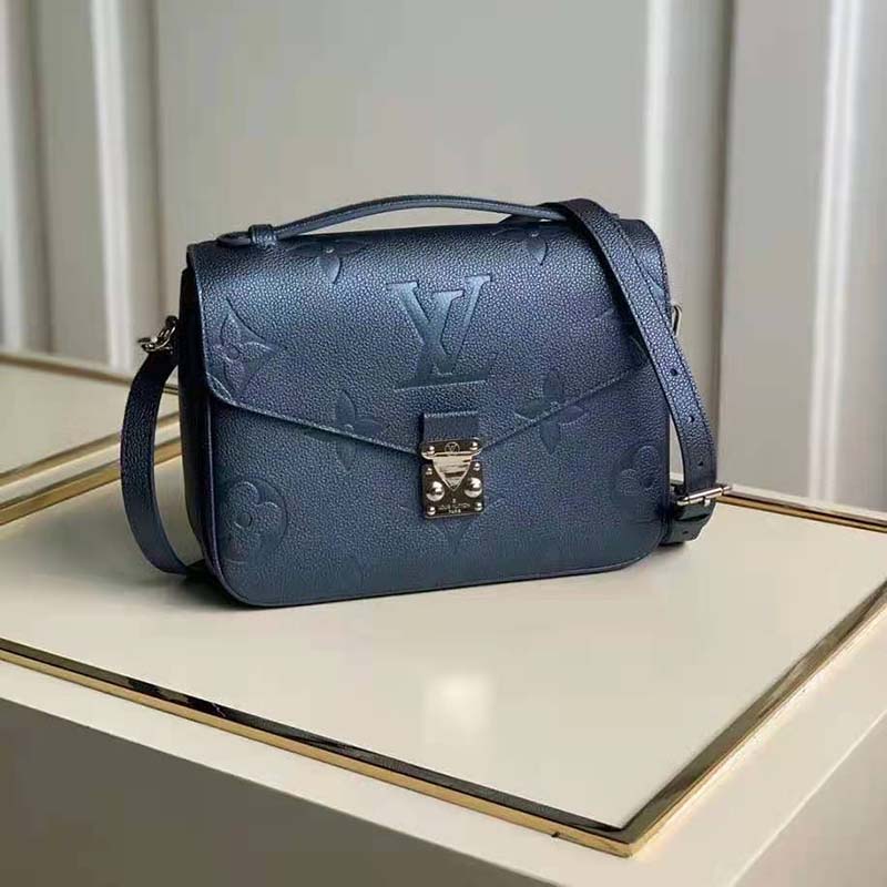Louis Vuitton LV Women Pochette Metis Bag Navy Nacre Embossed Grained Cowhide Leather