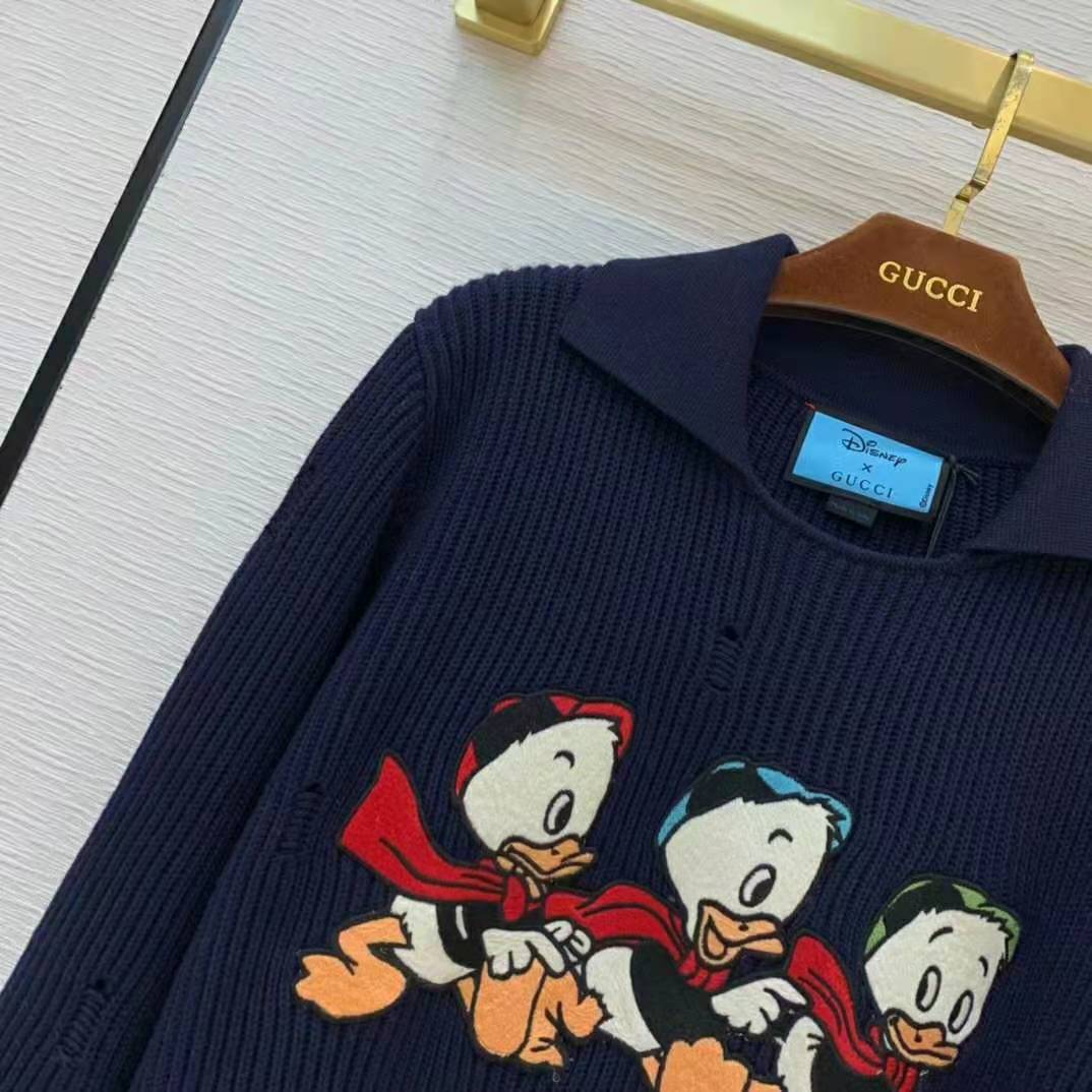 Gucci Women Disney x Gucci Donald Duck Cotton Wool Sweater Holes Crewneck Collar-Navy