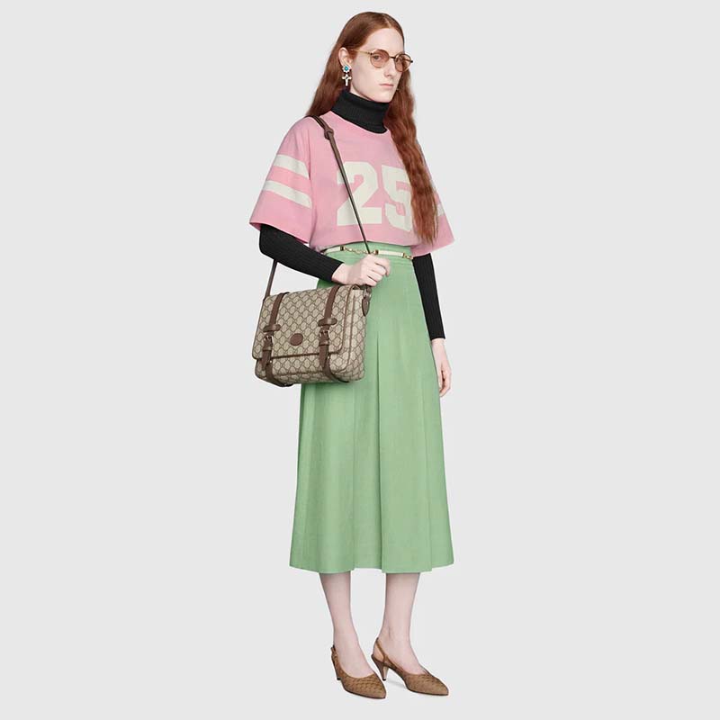 Gucci Unisex GG Messenger Bag Beige Ebony GG Supreme Canvas Brown Leather