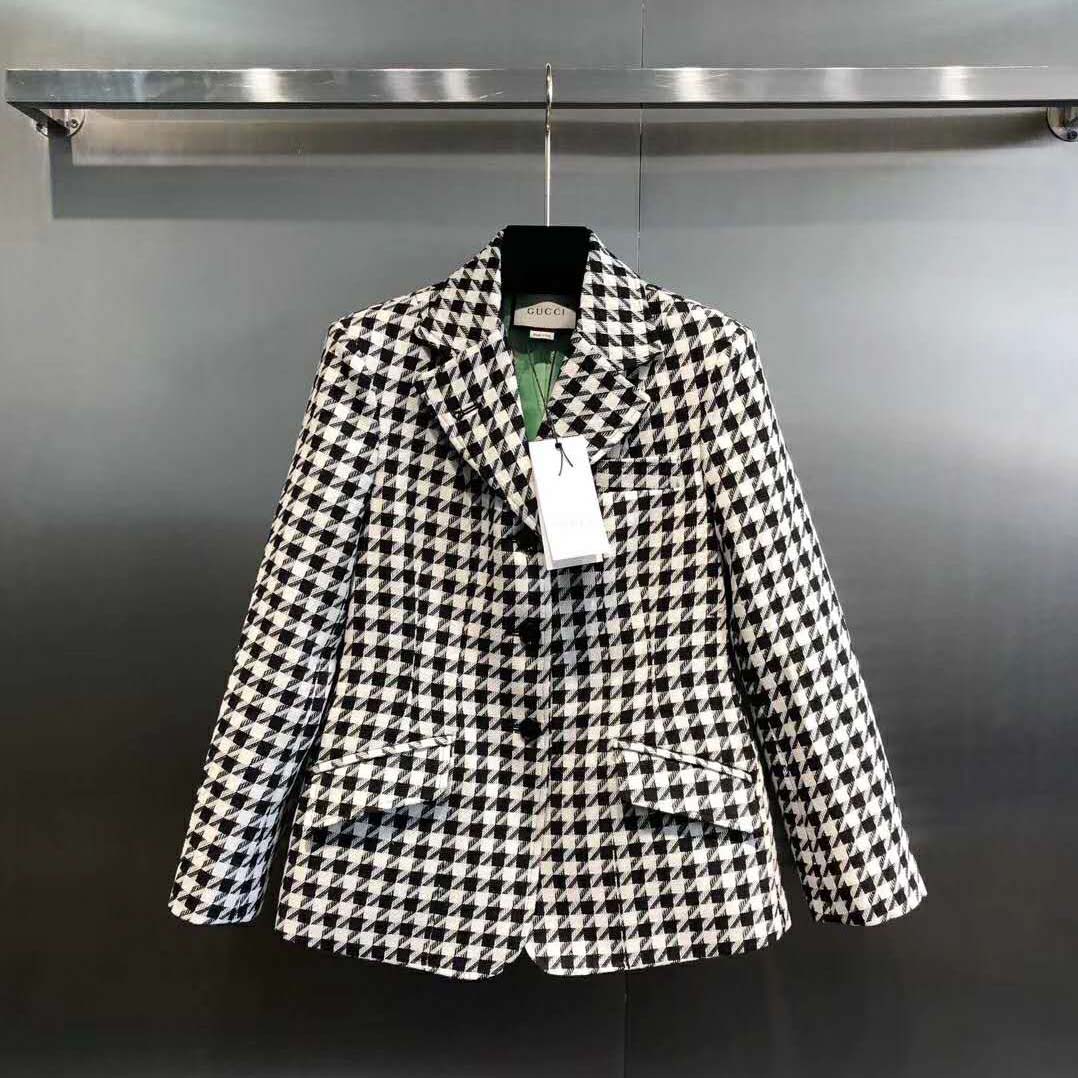 Gucci Women Houndstooth Fitted Jacket in Wool and Cotton-Black