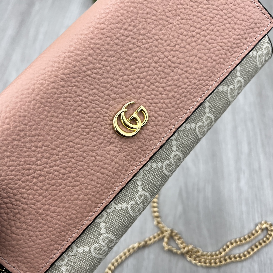Gucci Women GG Marmont Chain Wallet Beige White GG Supreme Canvas Pink Leather