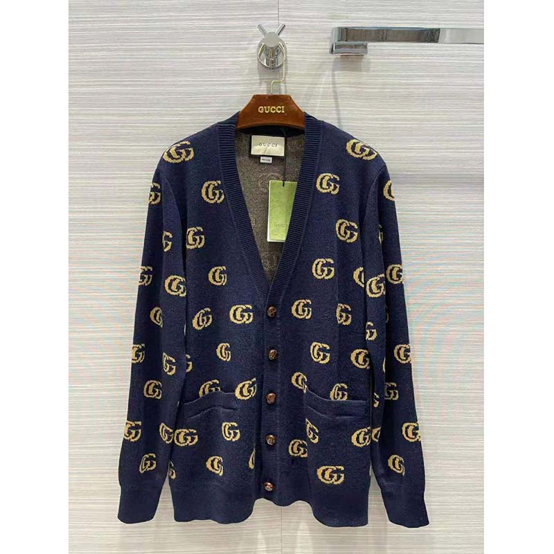 Gucci Women Double G Jacquard Wool Cardigan Front Pockets Blue and Beige