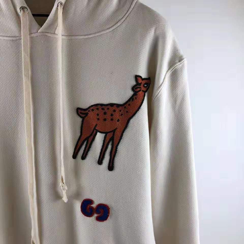 Gucci Men Hooded Sweatshirt with Deer Patch in 100% Cotton-White