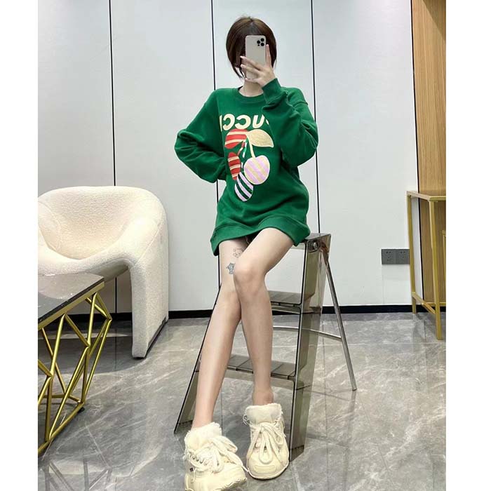 Gucci Women GG Cotton Jersey Sweatshirt Green Light Felted Crewneck Long Sleeves