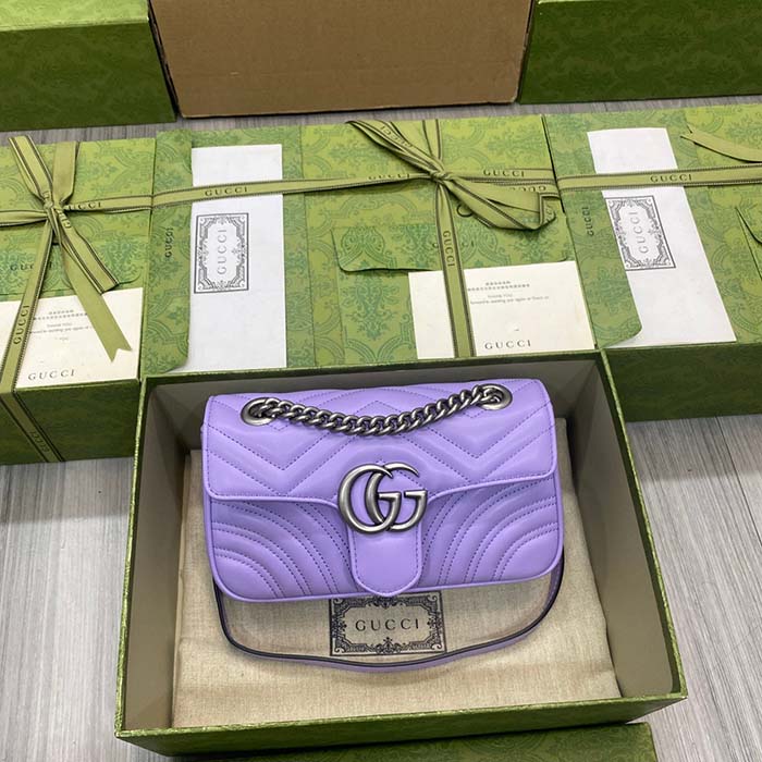 Gucci Women GG Marmont Small Shoulder Bag Lilac Matelassé Chevron Heart Double G