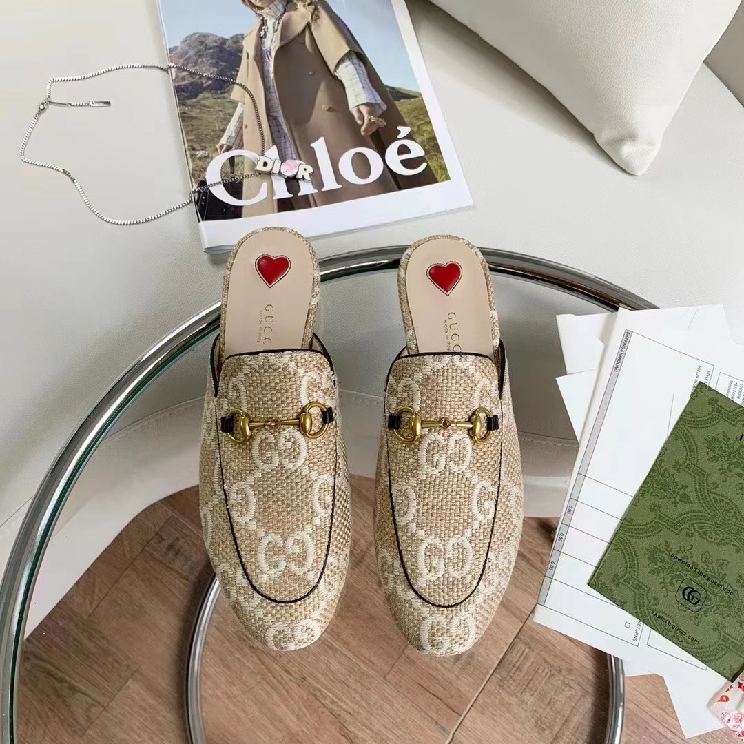 Gucci Women Maxi GG Princetown Slipper Beige White GG Raffia Effect Fabric Flat