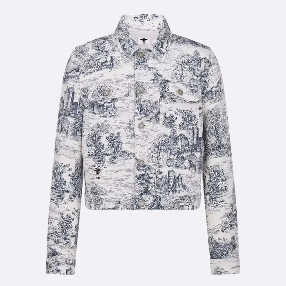Dior Men Jacket White Cotton Denim with Blue Toile de Jouy Scotland Motif