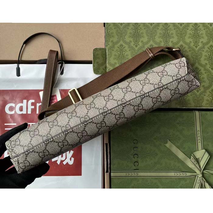 Gucci Unisex Messenger Bag Interlocking G Beige Ebony GG Supreme Canvas Brown Leather