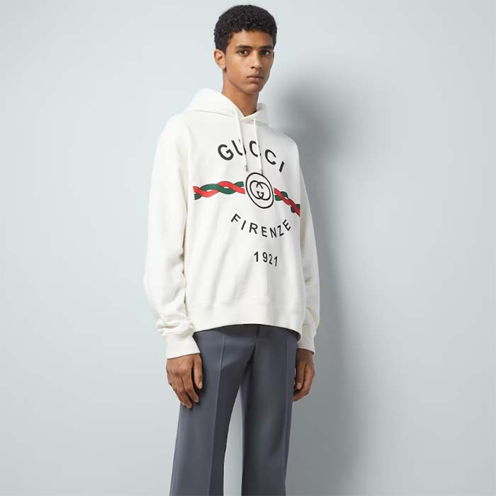 Gucci Men Cotton Gucci Firenze 1921 Hooded Sweatshirt White Jersey Long Sleeves