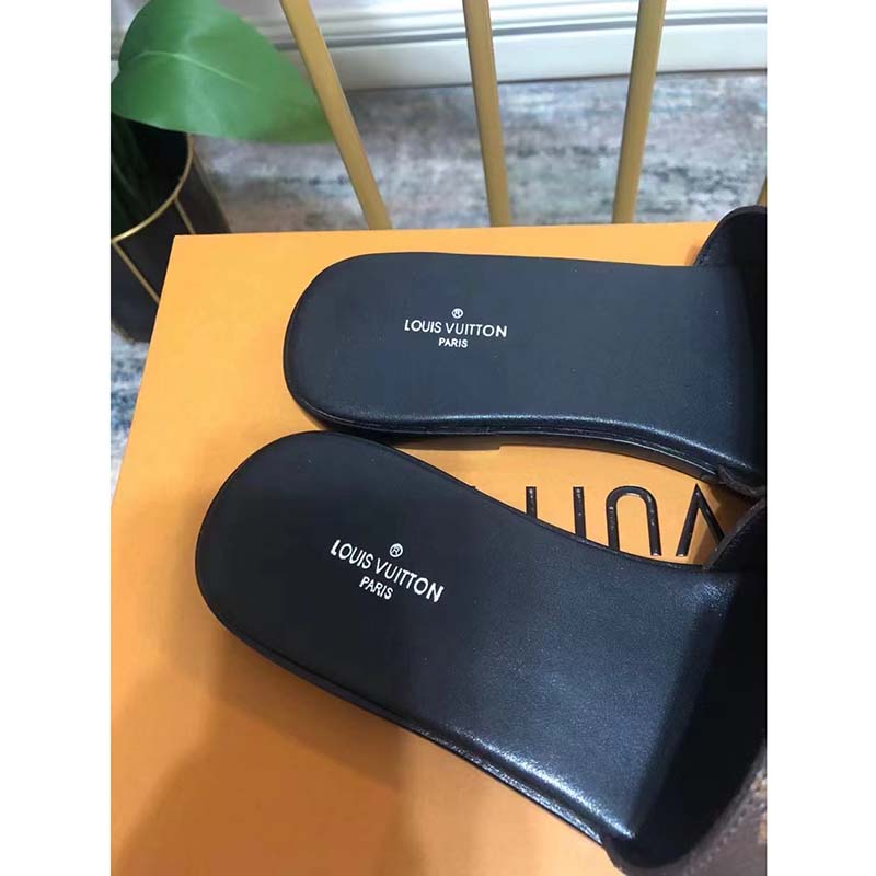 Louis Vuitton Unisex Lock It Flat Mule Brown Patent Monogram Canvas Leather Outsole