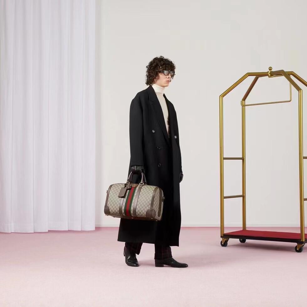 Gucci Unisex GG Savoy Small Duffle Bag Beige Ebony GG Supreme Canvas