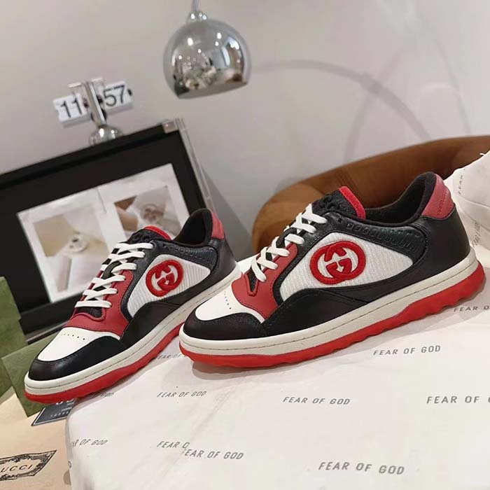 Gucci GG Unisex MAC80 Sneaker Black Red Leather White Fabric Interlocking G Embroidery Round Toe Rubber