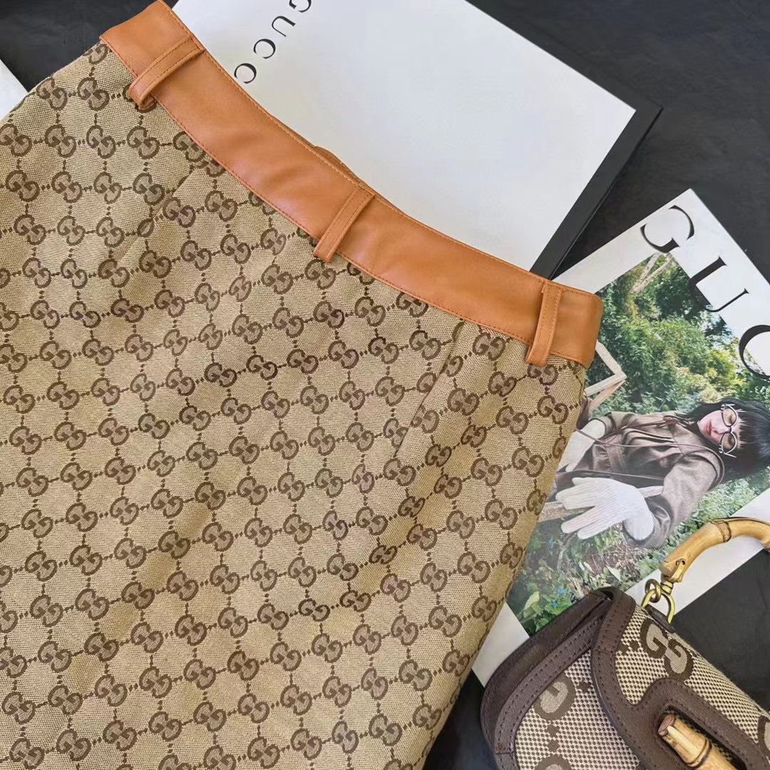 Gucci Women GG Canvas Skirt Camel Ebony Brown Leather Unlined Fitted Waistband Belt Loops
