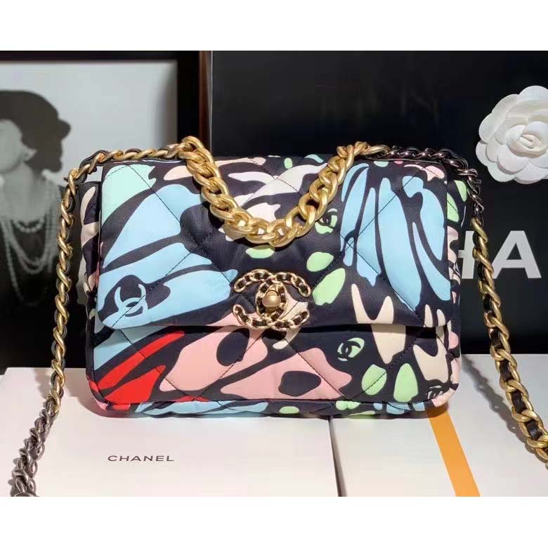 Chanel Women 19 Handbag Printed Canvas Gold Silver-Tone & Ruthenium-Finish Metal Multicolor