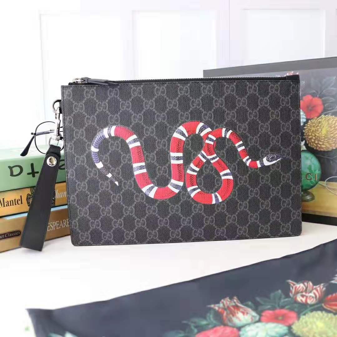 Gucci GG Men Gucci Bestiary Pouch with Kingsnake in Black/Grey GG Supreme Canvas