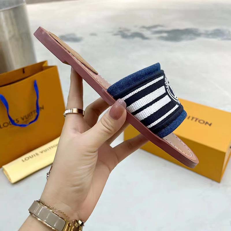 Louis Vuitton LV Women Lock It Flat Mule Blue Denim Leather LV Circle