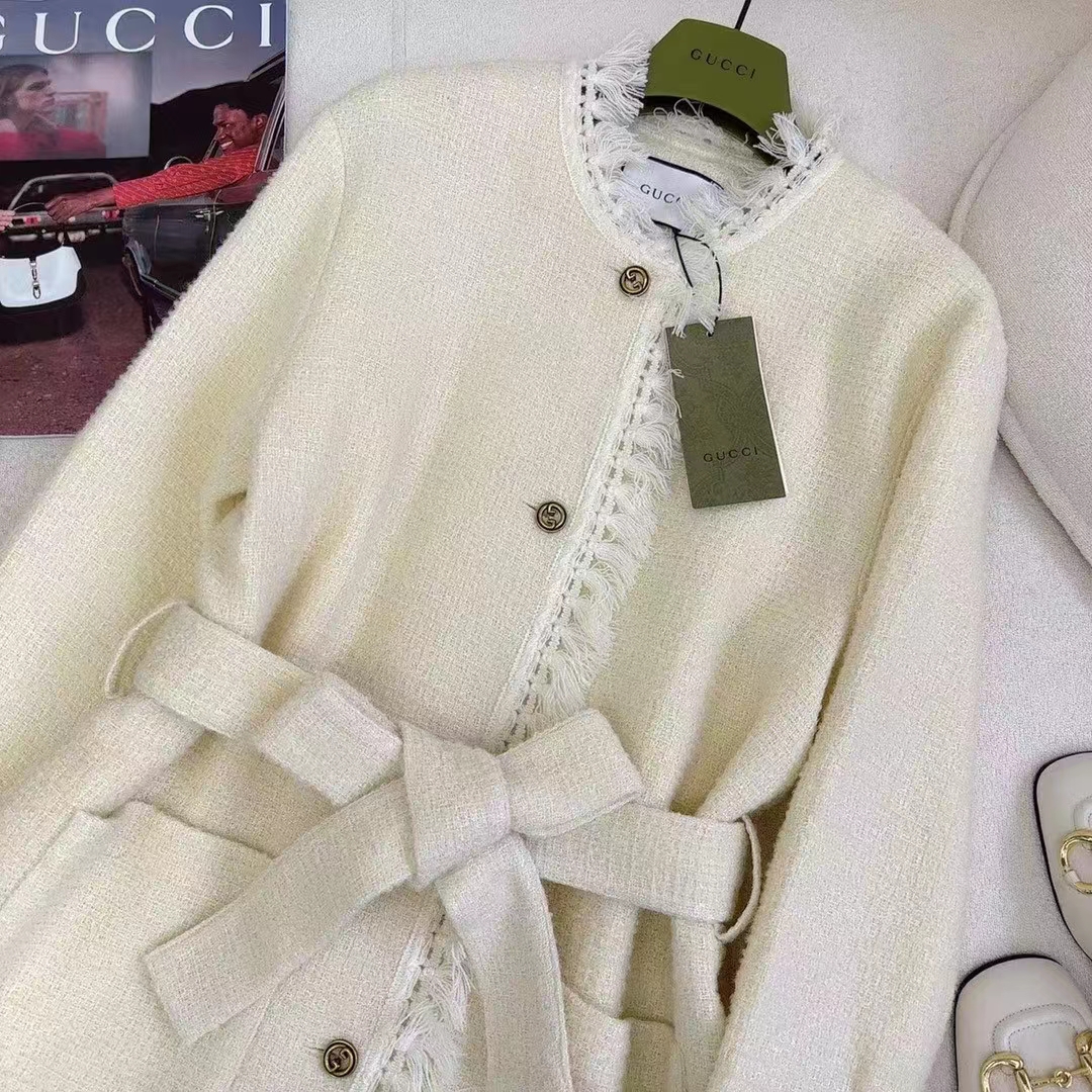 Gucci Women GG Belted Wool Bouclé Jacket White Ribbon Lined Detachable Patch Pockets