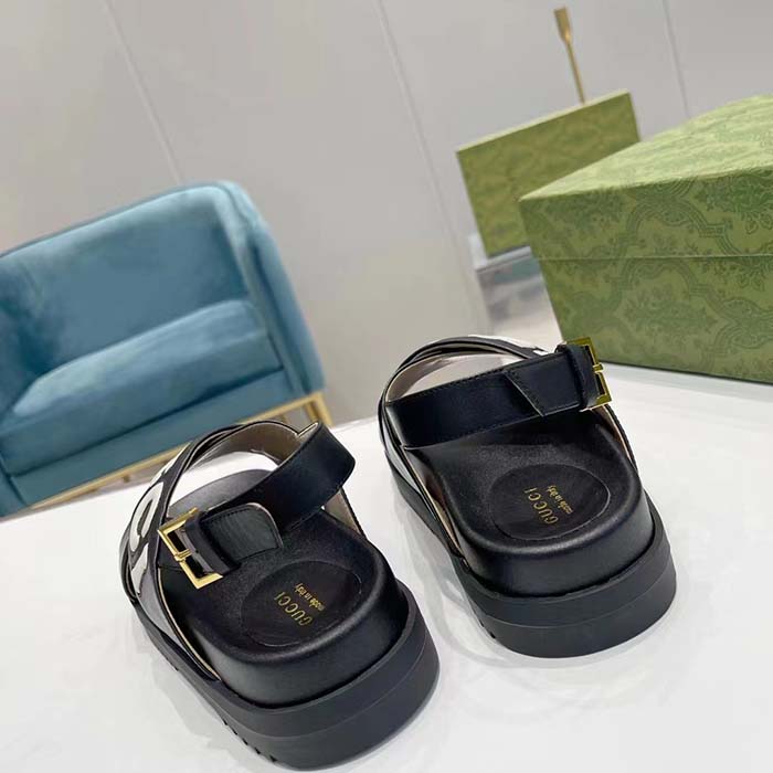 Gucci Unisex GG Sandal Black White Leather Script Rubber Buckle Flat