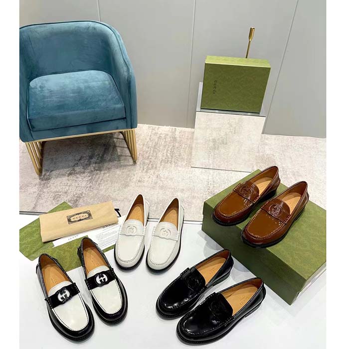 Gucci Unisex GG Interlocking G Loafer Black Leather Sole Flat 1.5 CM Heel