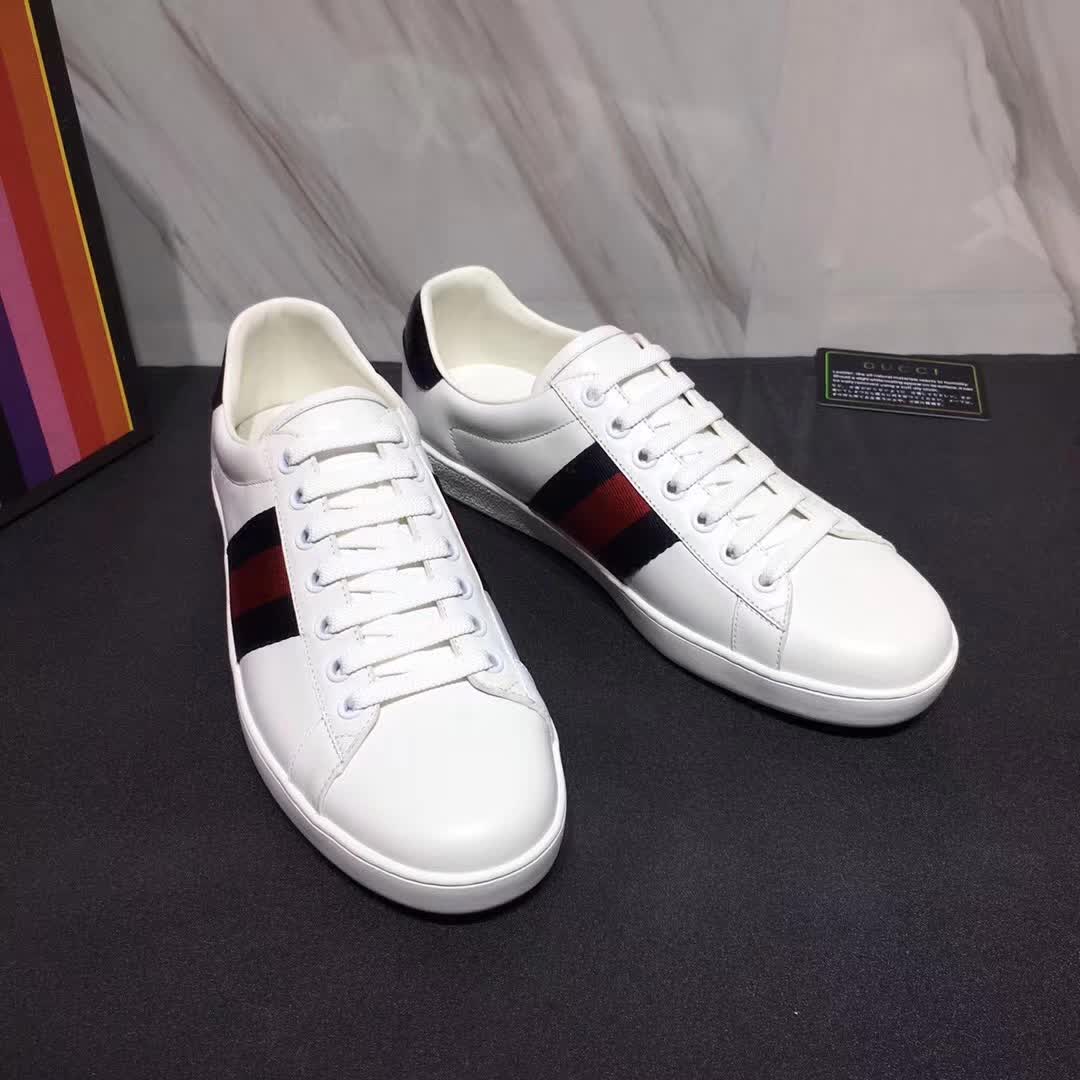 Gucci Men Ace Low-top Sneaker Shoes in Leather with Web-Navy
