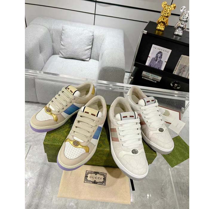 Gucci Unisex Screener Sneaker White GG Supreme Canvas Rubber Sole Lace-Up Low Heel