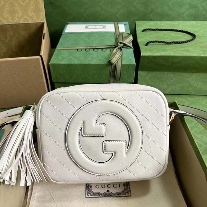 Gucci Women GG Blondie Small Shoulder Bag White Leather Round Interlocking G