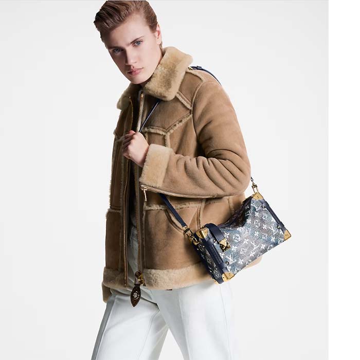 Louis Vuitton LV Unisex Side Trunk Blue Monogram Coated Canvas Cowhide Leather