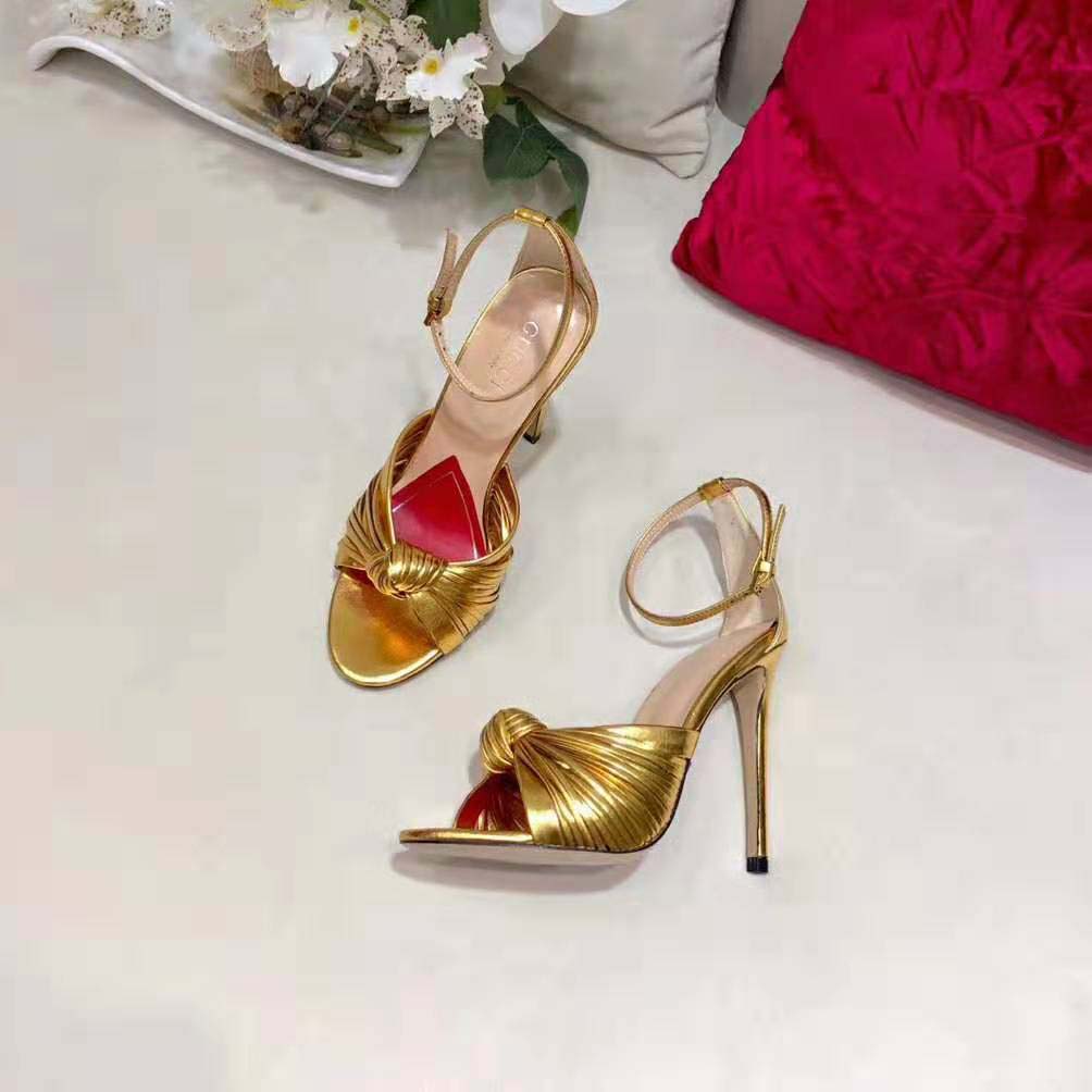 Gucci Women Metallic Leather Sandal in 10.4cm Heel Height-Gold