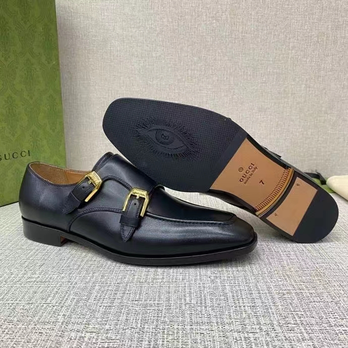 Gucci Men Monk Strap Loafer Smooth Black Leather Buckle Sole Flat 2 Cm Heel