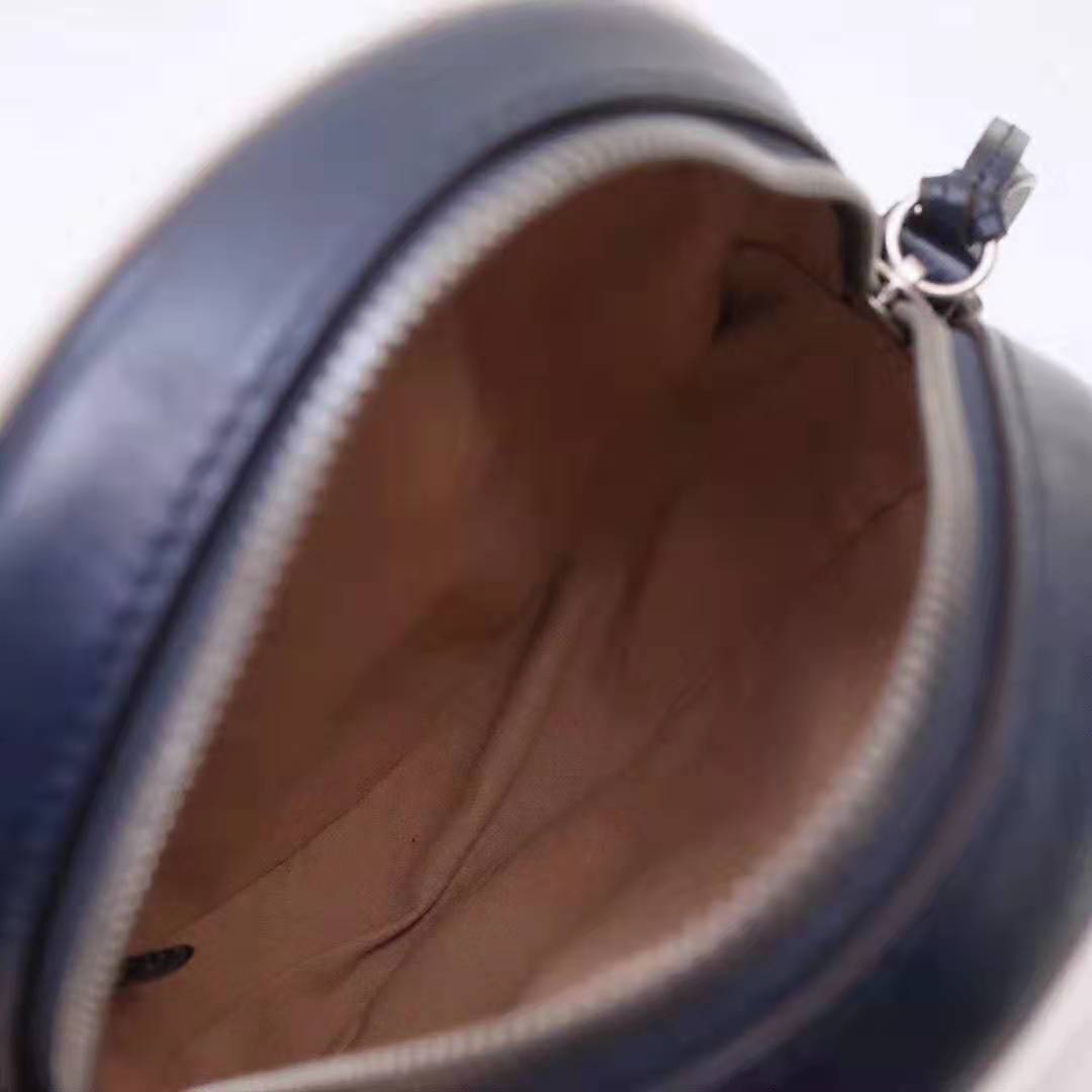 Gucci GG Women GG Marmont Mini Round Shoulder Bag in Blue Diagonal Matelassé Leather