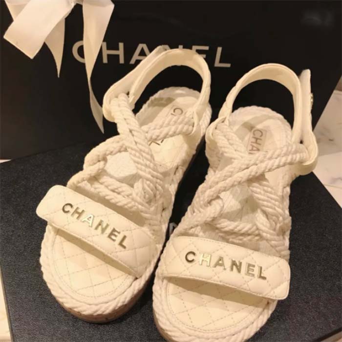 Chanel Women CC Cotton Tweed White Sandals Calfskin Leather Cotton 1 CM Heel