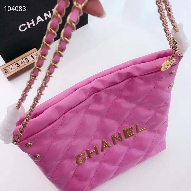 Chanel Women 22 Small Handbag Shiny Calfskin & Gold-Tone Metal Pink