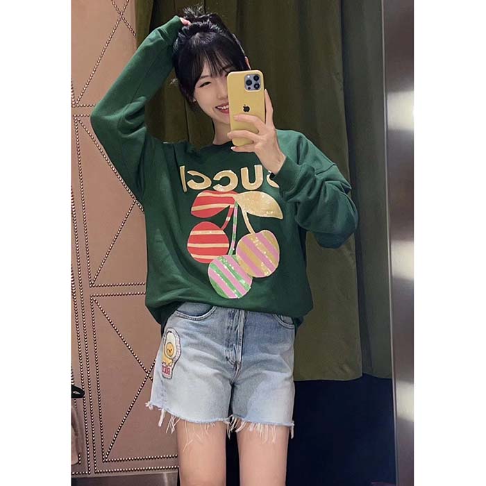 Gucci Women GG Cotton Jersey Sweatshirt Green Light Felted Crewneck Long Sleeves