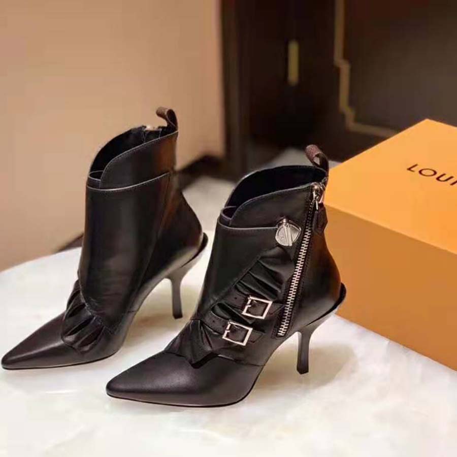 Louis Vuitton LV Women LV Janet Ankle Boot in Black Glazed Calf Leather 9.5 cm Heel