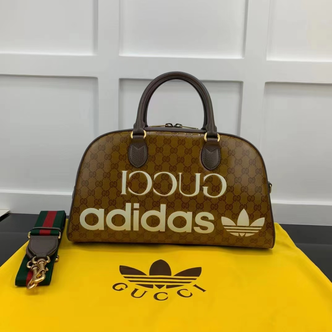 Gucci Unisex Adidas x Gucci Large Duffle Bag Beige Brown GG Crystal Canvas