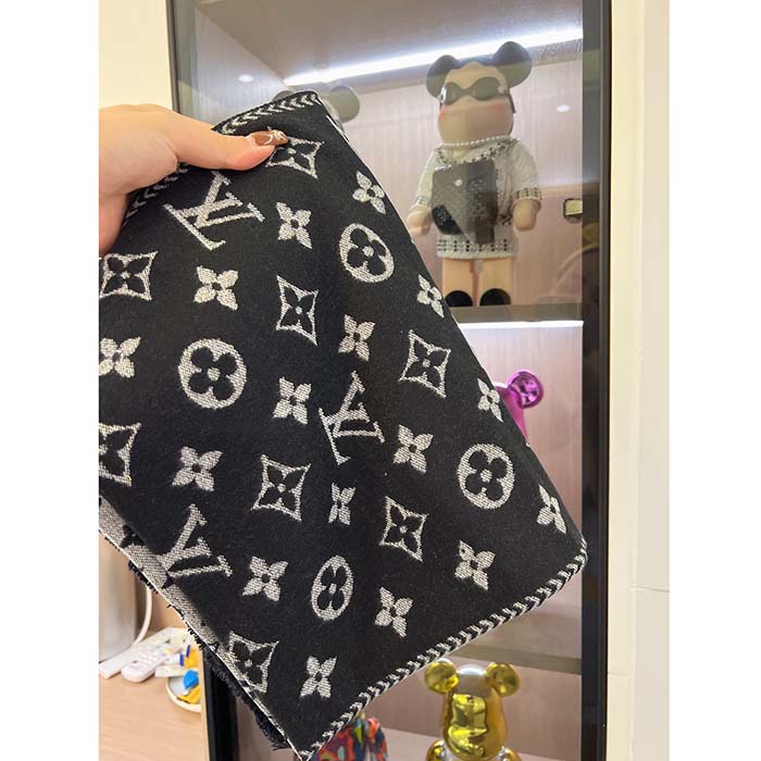Louis Vuitton LV Unisex Simply LV Scarf Black Fringed Finish Contrasting Monogram Motif