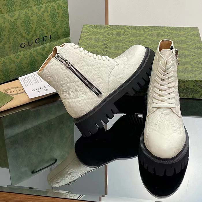 Gucci Unisex GG Leather Boots White Rubber Lug Sole Lace-Up Interlocking G Flats