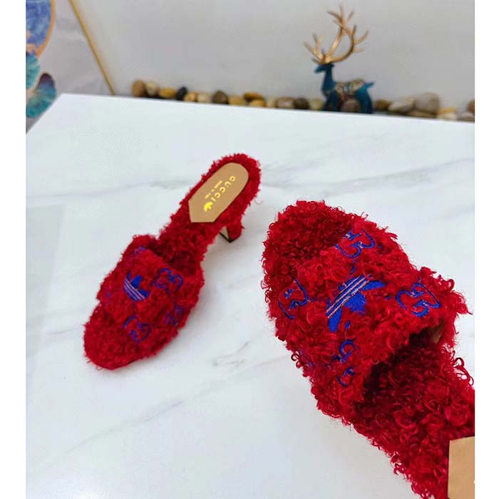 Gucci Women Adidas x Gucci Slide Sandal Red GG Trefoil Shearling-Effect Fabric