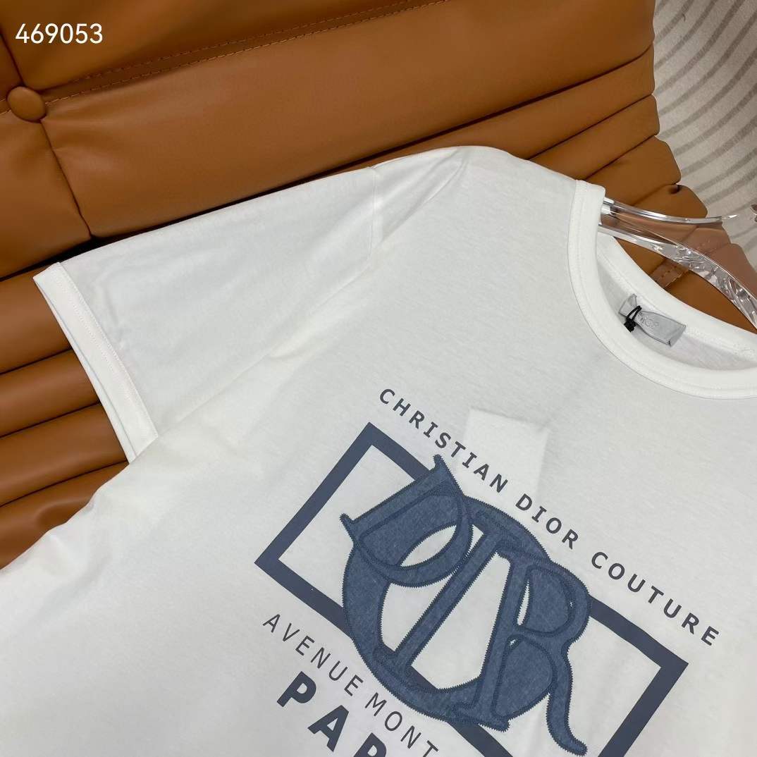 Dior CD Women Relaxed-Fit T-Shirt White Cotton Jersey Ribbed Crew Neck