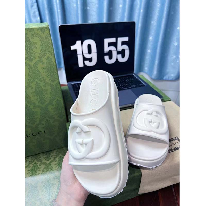 Gucci Women GG Slide Sandal Interlocking G Off White Rubber Low Heel