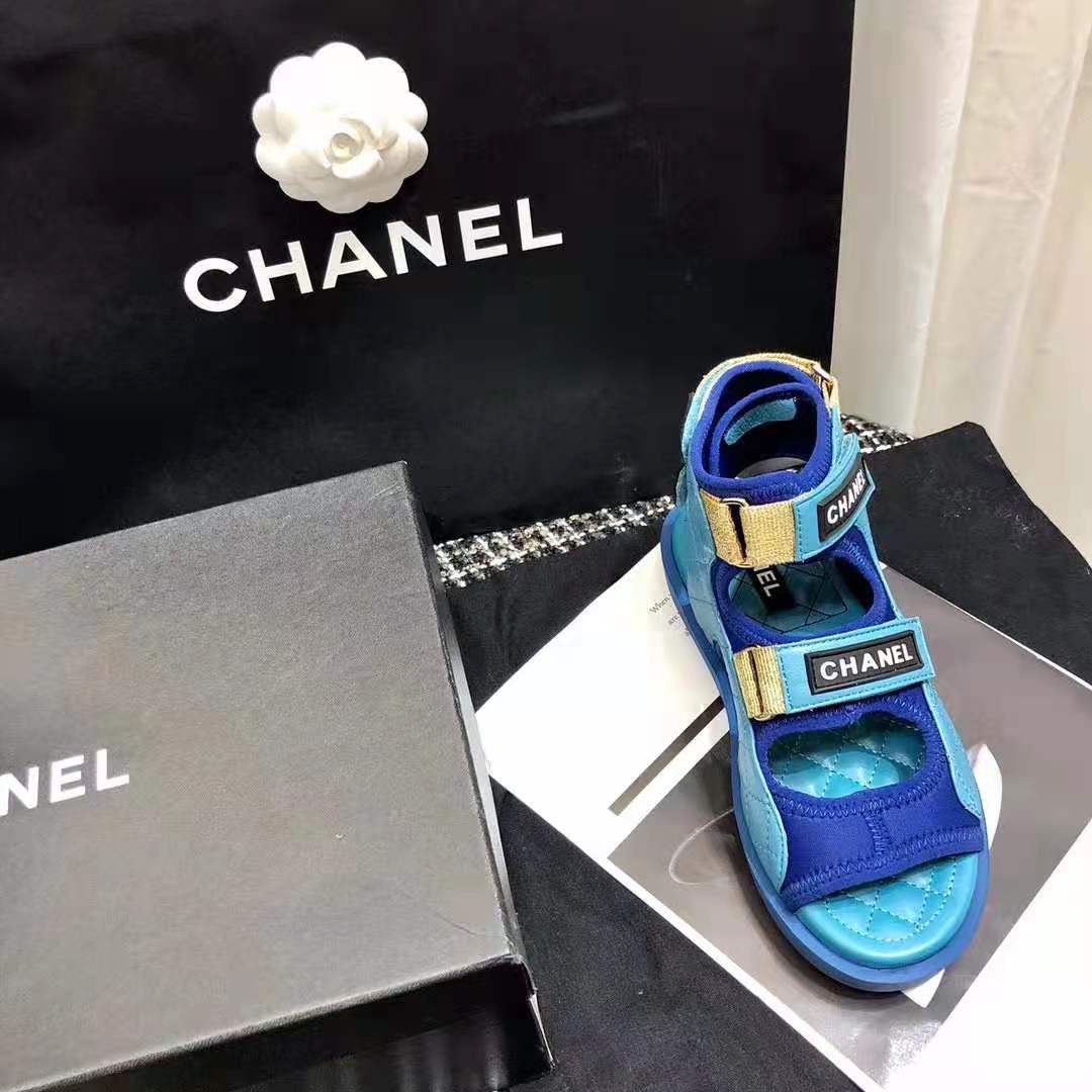 Chanel Women Sandals Goatskin Fabric & TPU Blue Dark Blue & Black