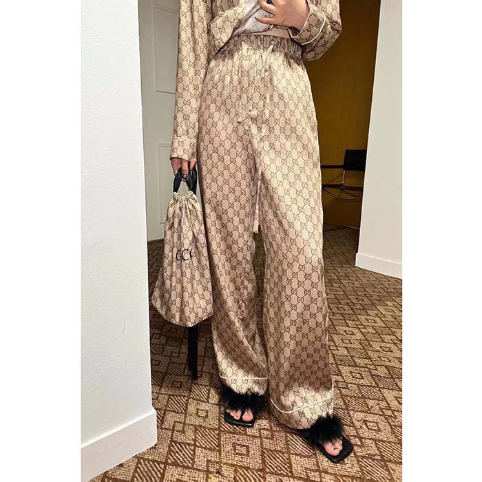 Gucci Women GG Supreme Silk Pant Beige Ebony Piped Unlined Elastic Waist Two Side Pockets Wide Leg