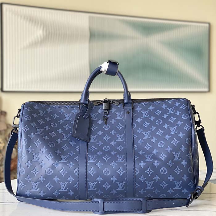 Louis Vuitton LV Unisex Keepall Bandoulière 50 Navy Blue Cabin Monogram Shadow Cowhide