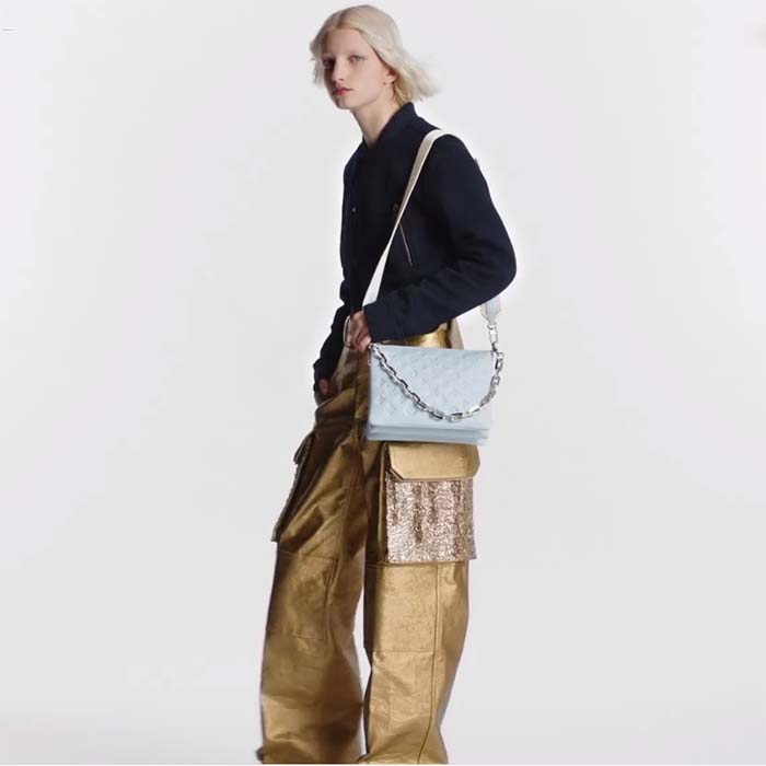 Louis Vuitton LV Women Coussin PM Handbag Ice Blue Lambskin Cowhide Leather Zip Closure