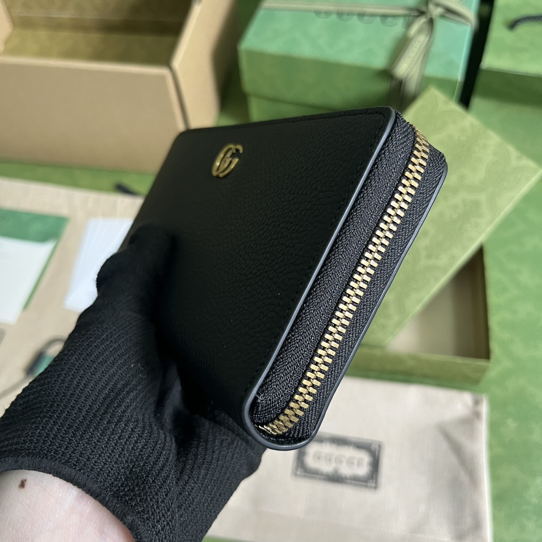 Gucci Unisex GG Zip Around Wallet Bamboo Black Leather Double G